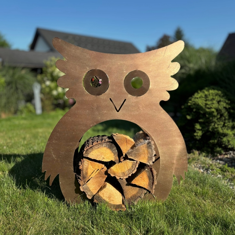 Stojak na drewno SOWA w kolorze złotej rdzy,  metalowy duży