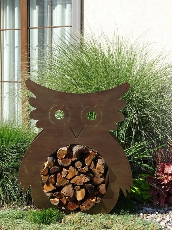 Stojak na drewno SOWA w kolorze złotej rdzy,  metalowy duży