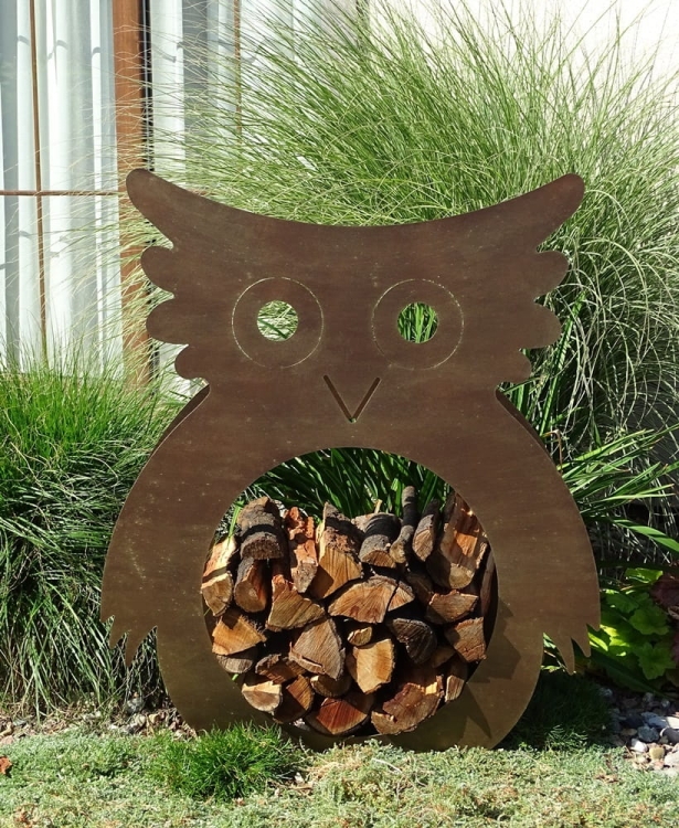 Stojak na drewno SOWA w kolorze złotej rdzy,  metalowy duży