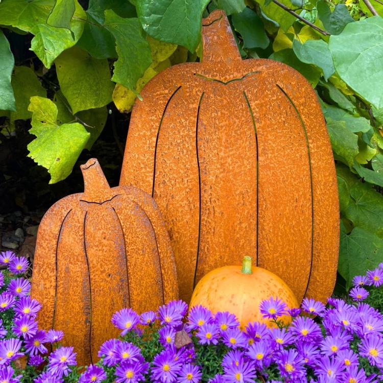 Dekoracje dynie - komplet jesiennych ozdób z metalu do ogrodu, rdza