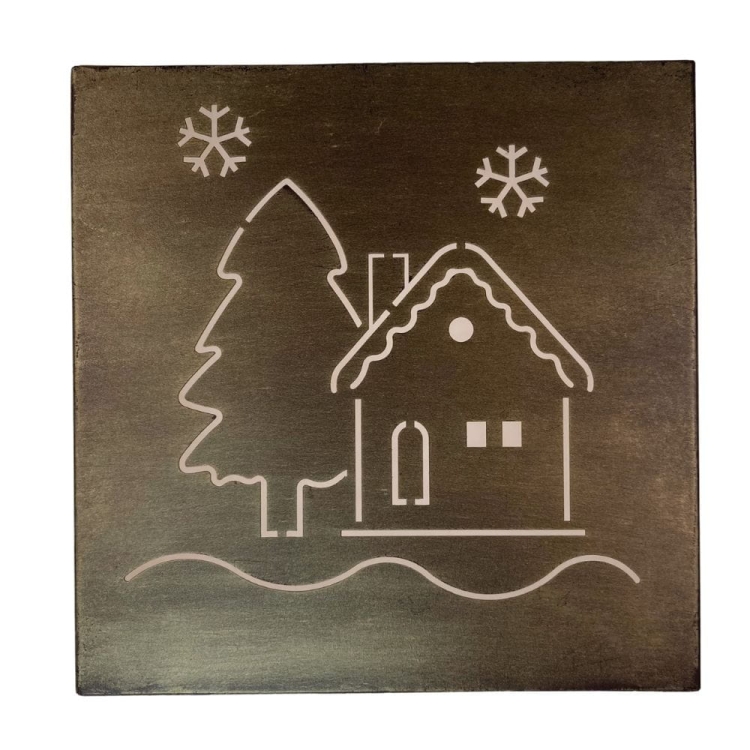 Metalowa świąteczna ozdoba ścienna - tabliczka Domek z choinką do podświetlenia w kolorze złotej rdzy