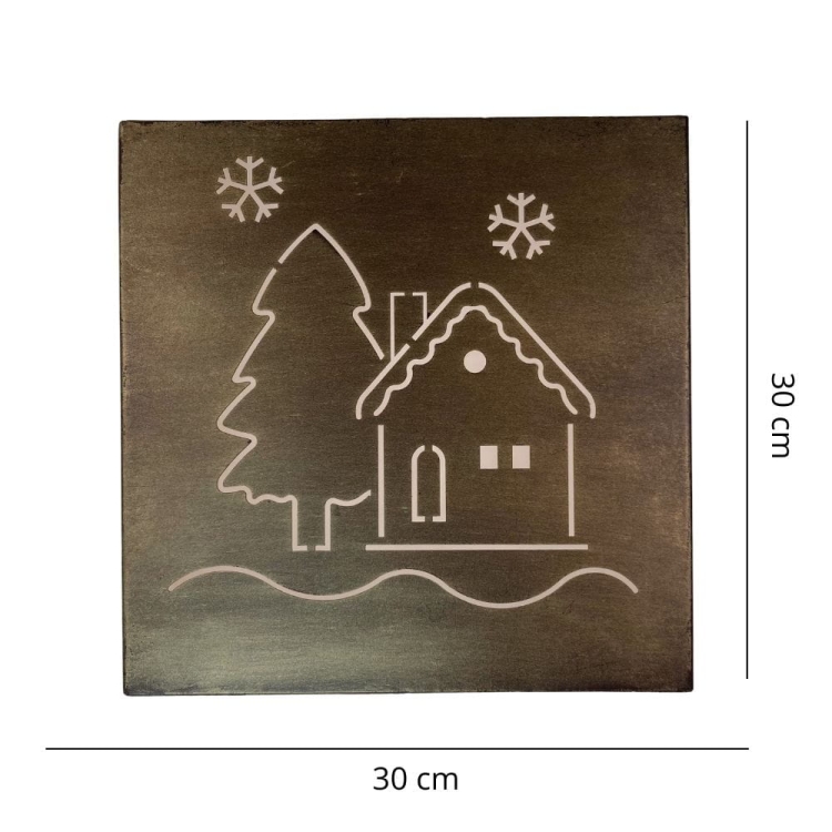 Metalowa świąteczna ozdoba ścienna - tabliczka Domek z choinką do podświetlenia w kolorze złotej rdzy