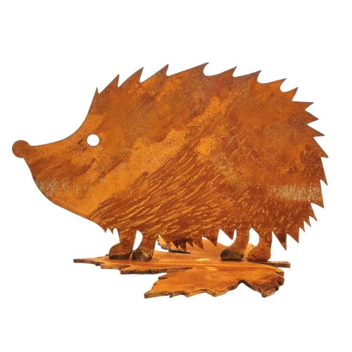 Figurka ogrodowa jeż na liściu 9,5 cm – metalowa naturalna rdza