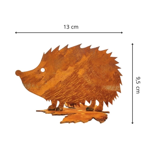 Wymiary metalowej figurki ogrodowej jeża 9,5 × 13 cm