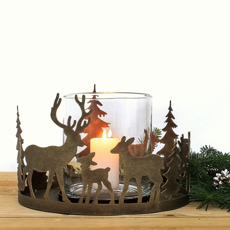 Metalowy Świecznik z wkładem szklanym Jelonki w kolorze złotej rdzy - świąteczna dekoracja podświetlająca