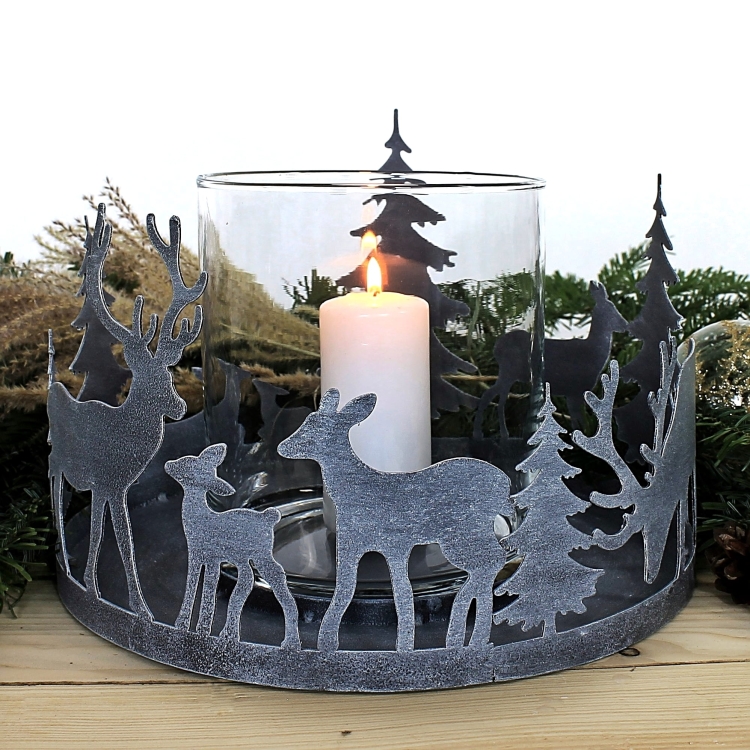 Metalowy Świecznik z wkładem szklanym Jelonki w kolorze antracytowym - świąteczna dekoracja podświetlająca
