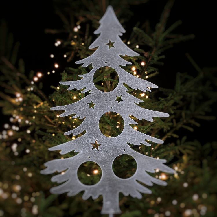 Metalowa choinka z bombkami na pręcie o barwie antracytowej - zimowa biżuteria ogrodowa