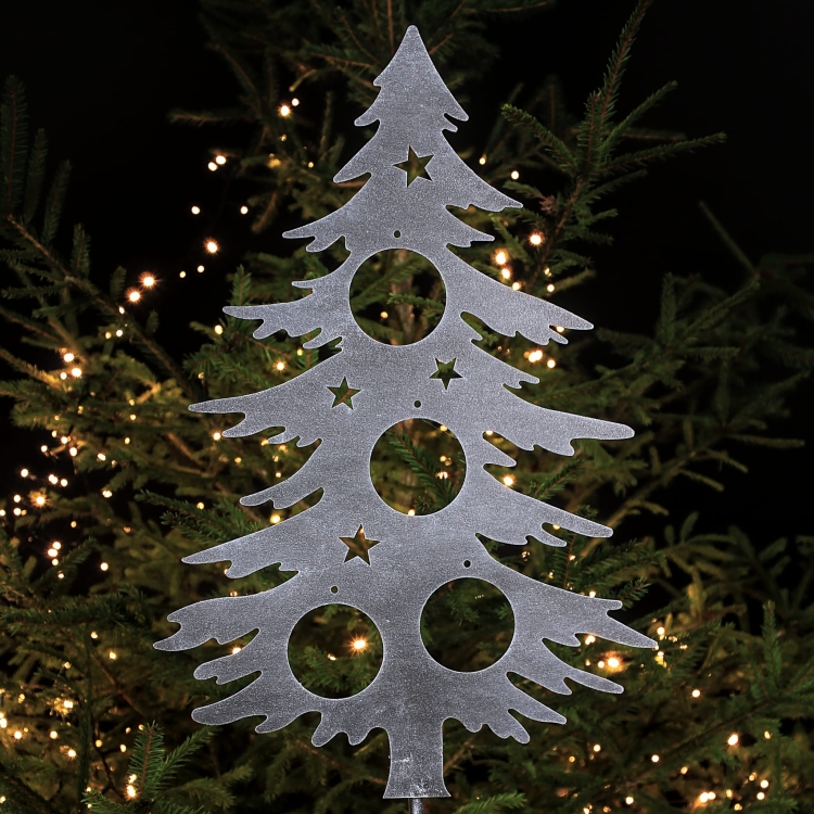 Metalowa choinka z bombkami na pręcie o barwie antracytowej - zimowa biżuteria ogrodowa