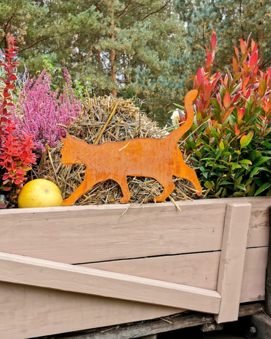 Metalowa dekoracja ogrodowa kot w rdzawym kolorze od Ginko Garden, w aranżacji z sianem, wrzosami i drewnianą skrzynią – styl Martha Stewart aesthetic